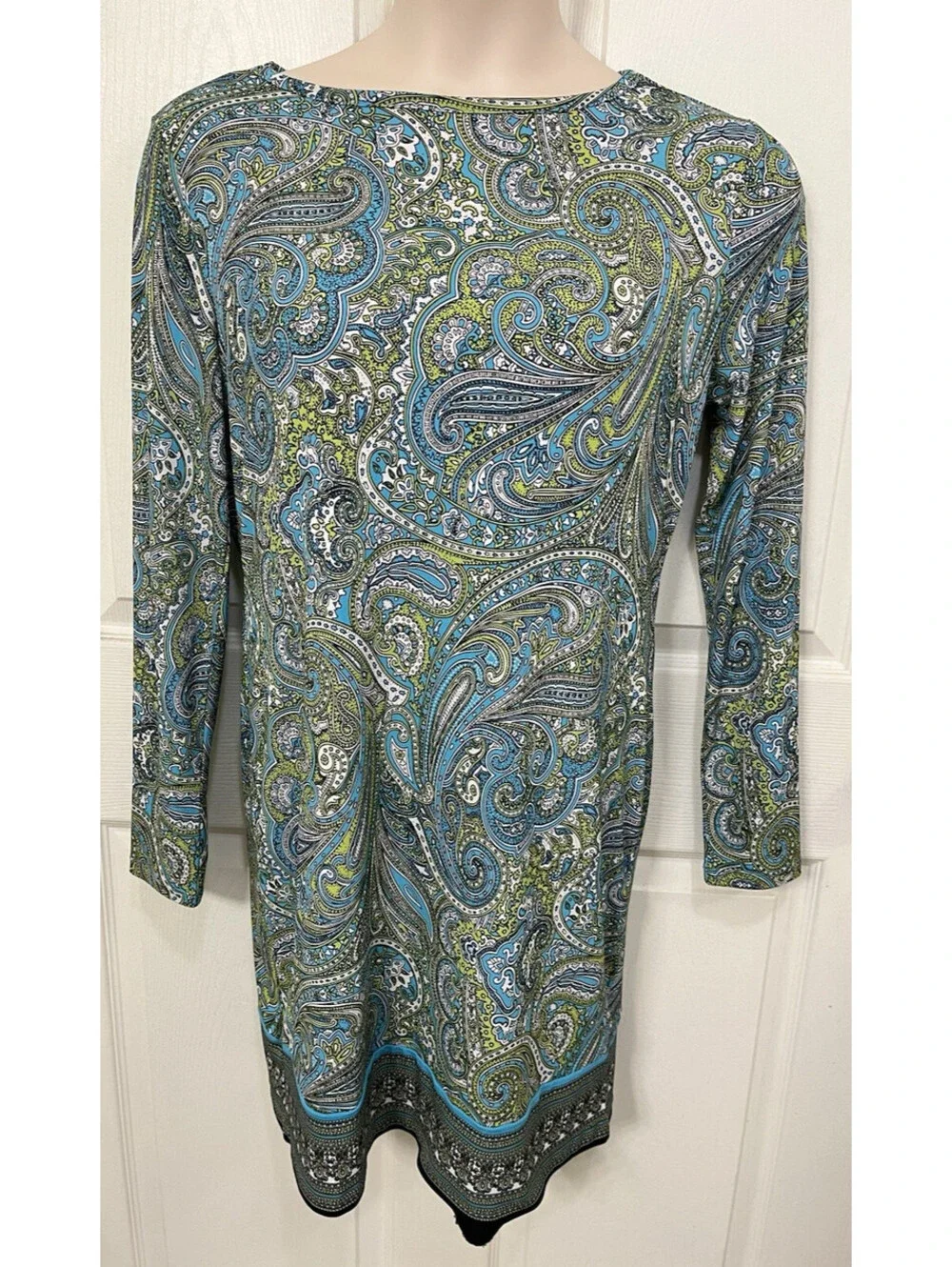 Michael Kors Turquoise & Green Paisley Dress Size L Long Sleeve Stretch